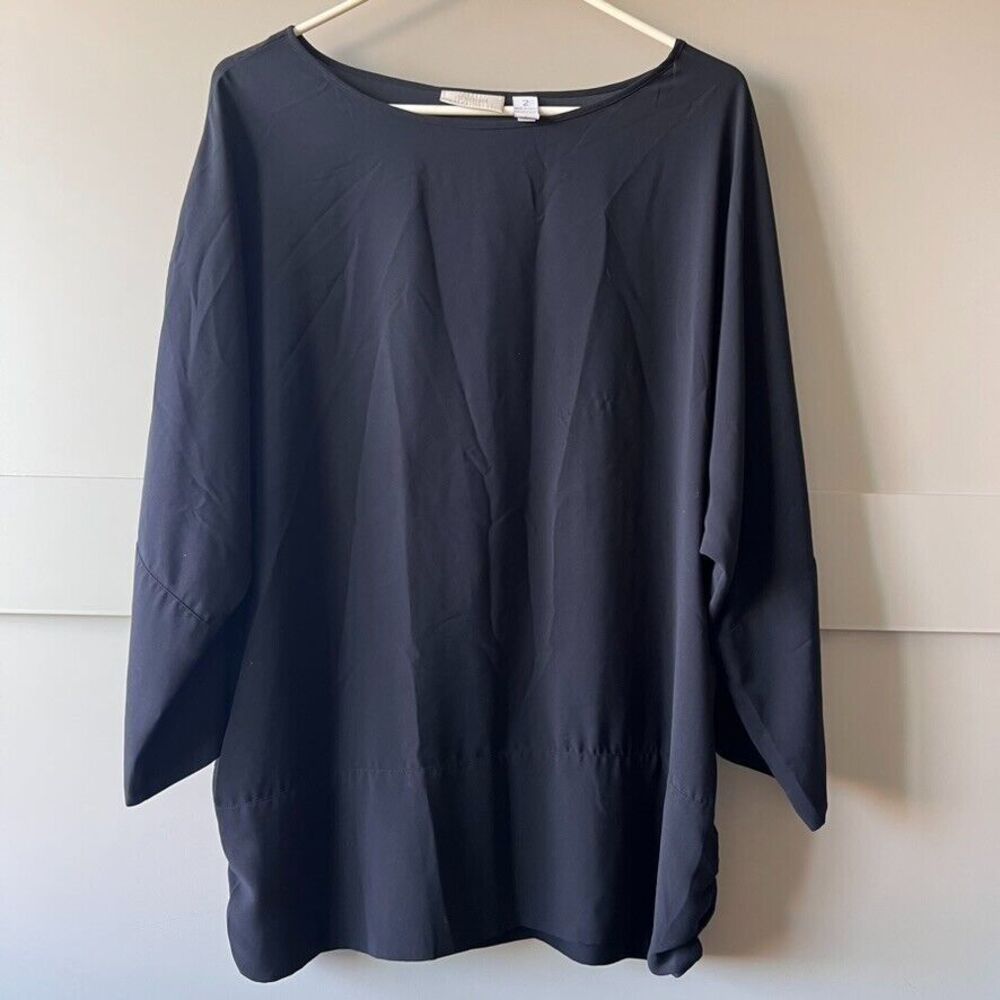 Chicos Kaftan Style‎ Roll Tab Sleeve Blouse Sz 2 Medium Black Neutral Minimalist